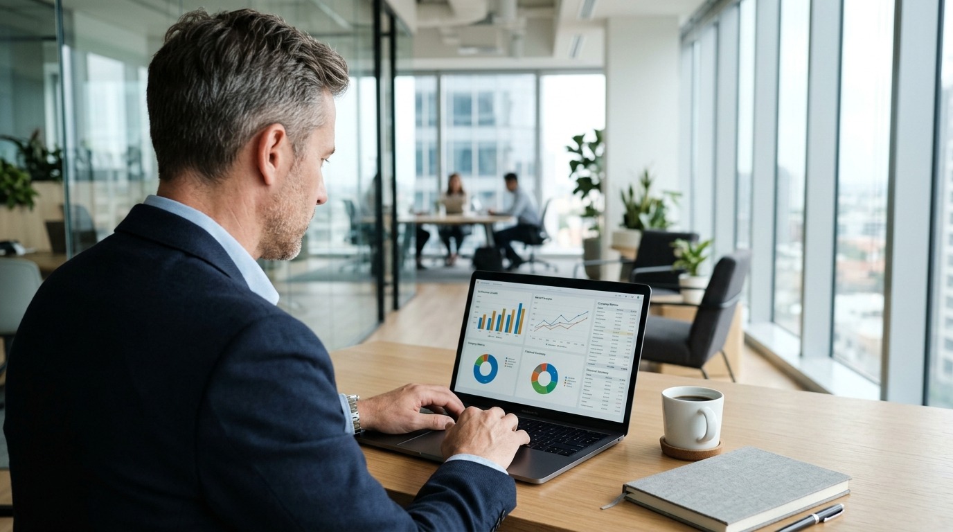 Acquirer reviewing businesses for sale on a laptop, comparing on market and off market opportunities