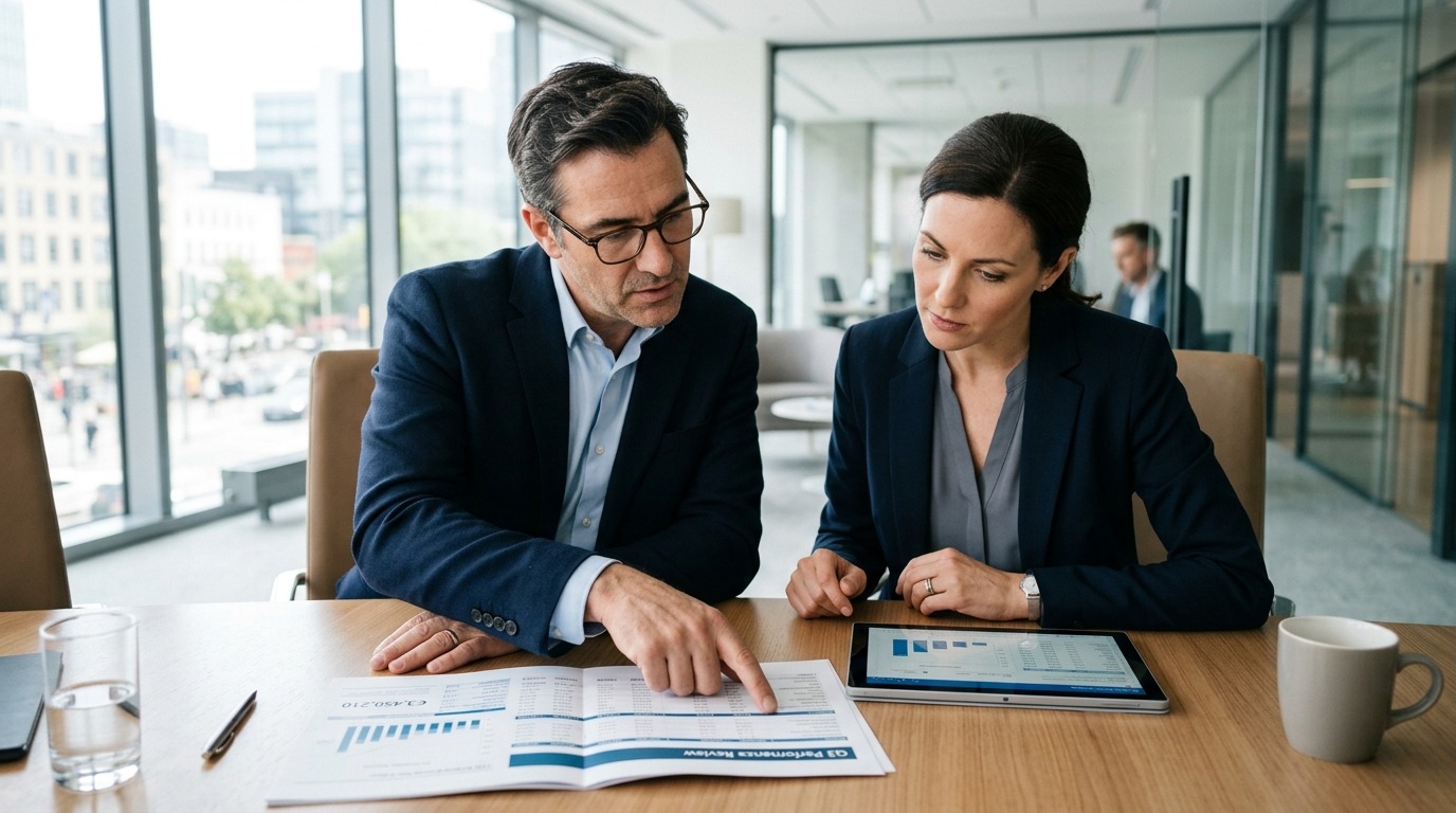 Buyer and advisor reviewing financial records to spot red flags before buying a business