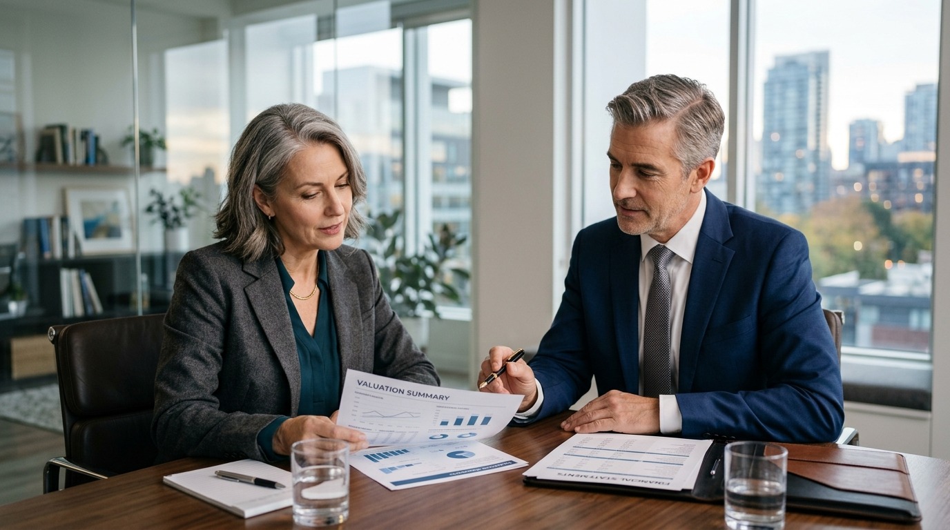 Business owner and advisor reviewing valuation figures to price a business to sell