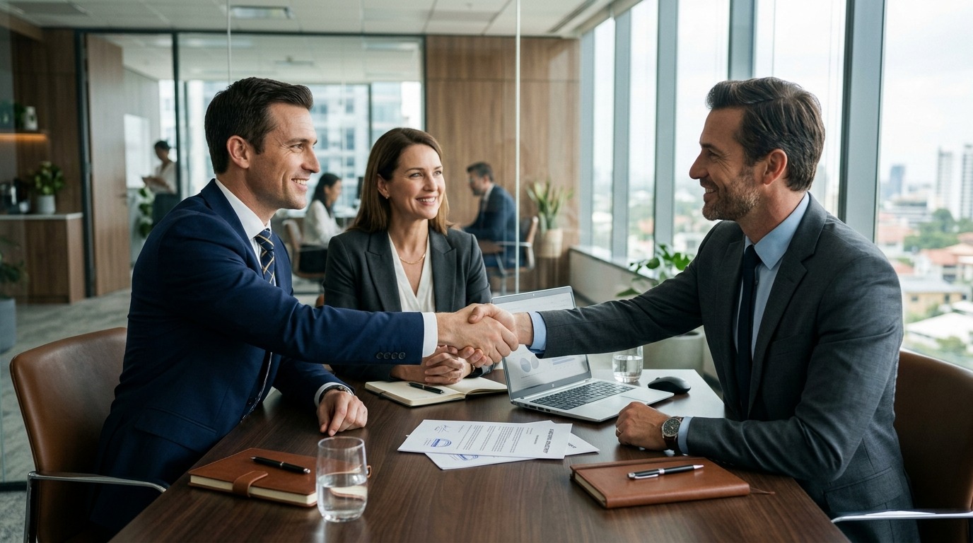 Buyer and seller advisors shaking hands over a completed mid-market business acquisition
