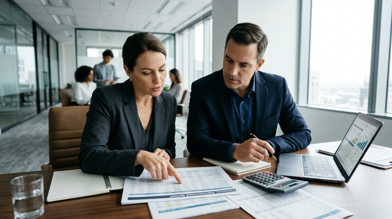 Advisors reviewing financial records during due diligence in a business sale