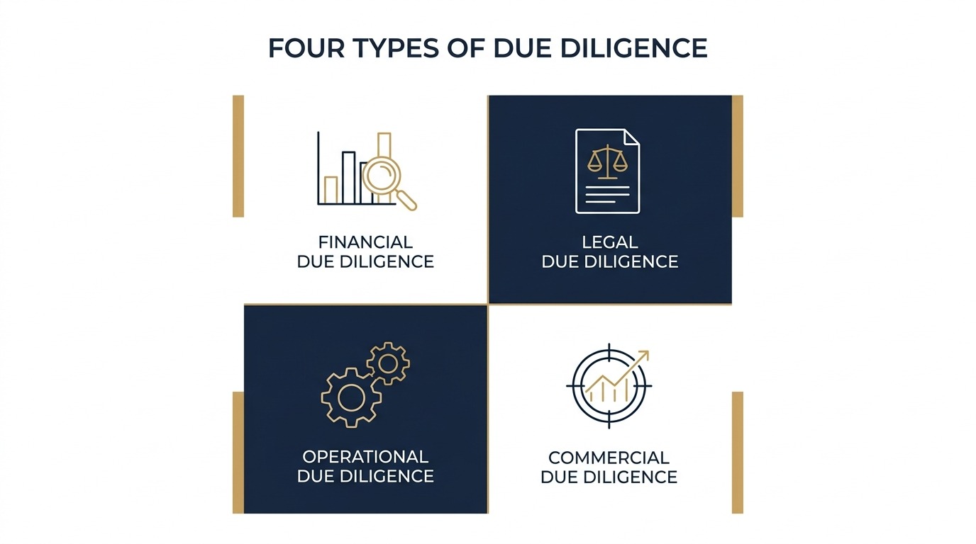 Diagram of the four types of due diligence: financial, legal, operational and commercial