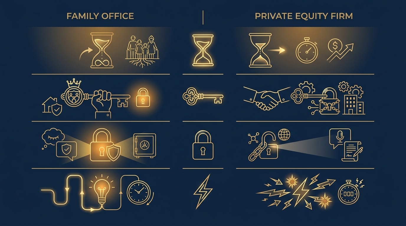 Comparison chart of family office buyers versus private equity firms across horizon, control and confidentiality
