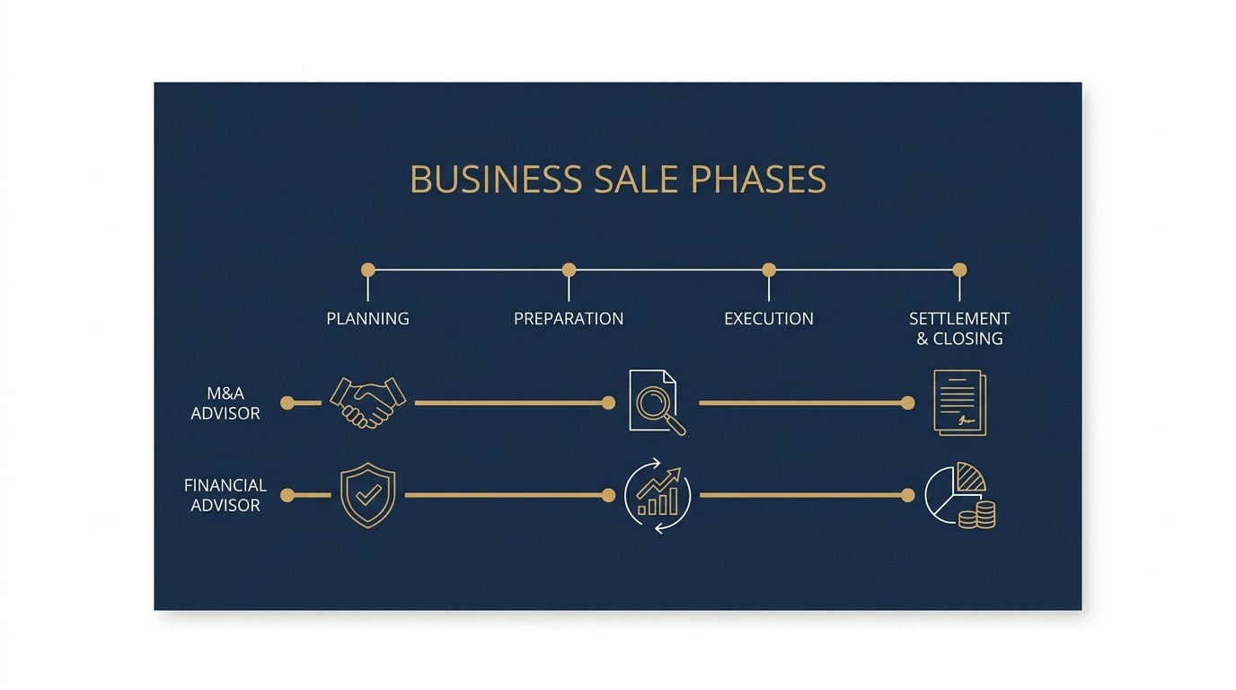 Timeline showing when to engage a financial advisor and an M&A advisor during a business sale