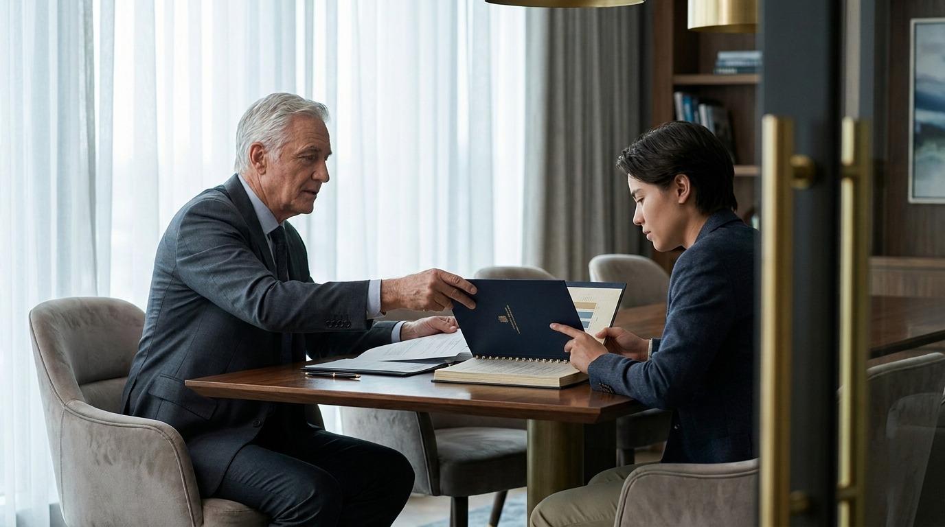 Advisor presenting a professionally prepared investment memorandum to a prospective buyer