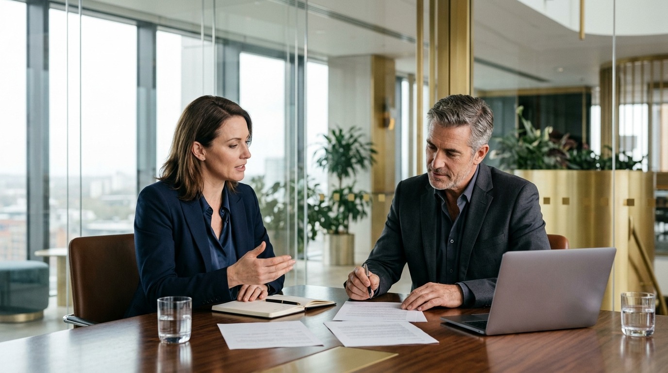 Business owner and advisor negotiating a merger and acquisition deal at a table