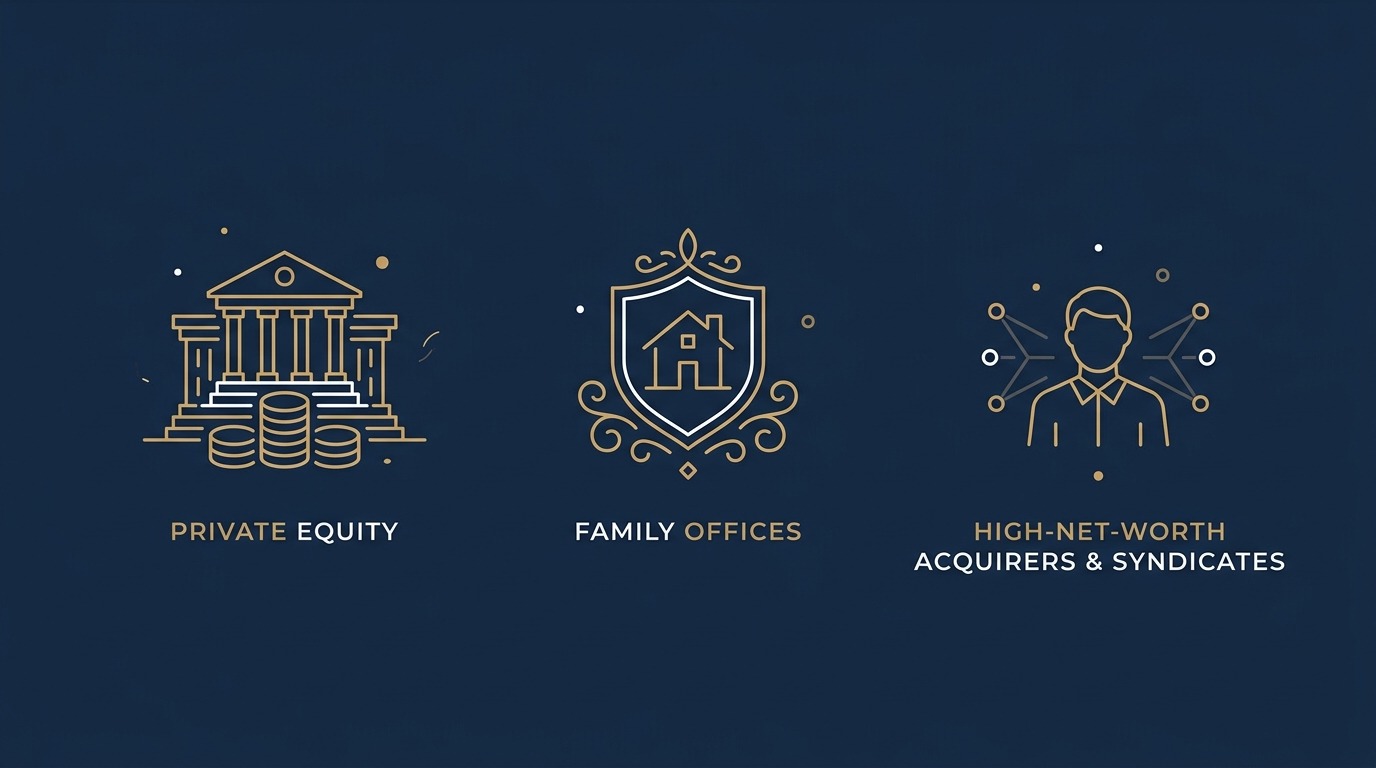 Diagram of the three main buyer types in mid-market M&A: private equity, family offices and individual acquirers