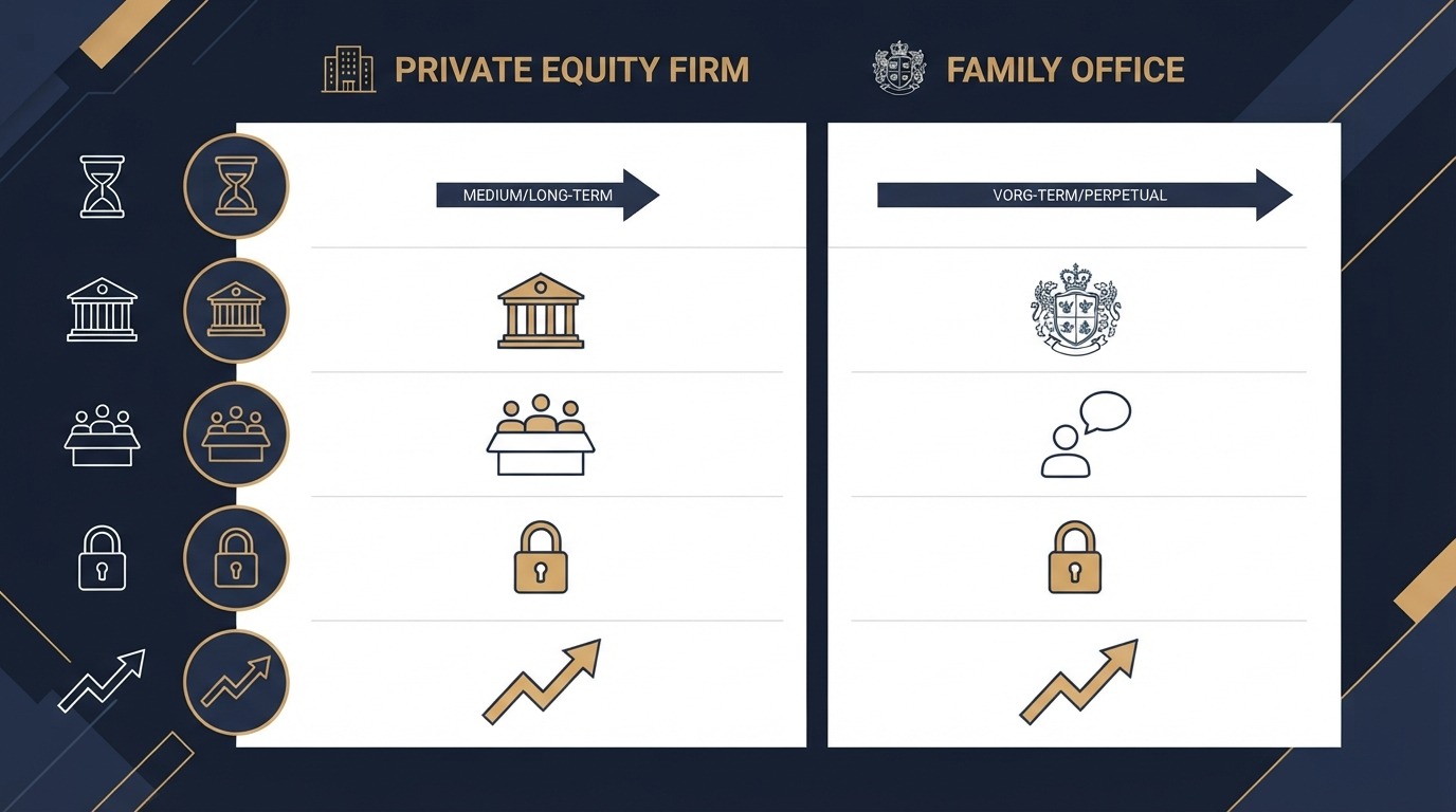 Comparison chart of private equity firms versus family offices across horizon, control and confidentiality