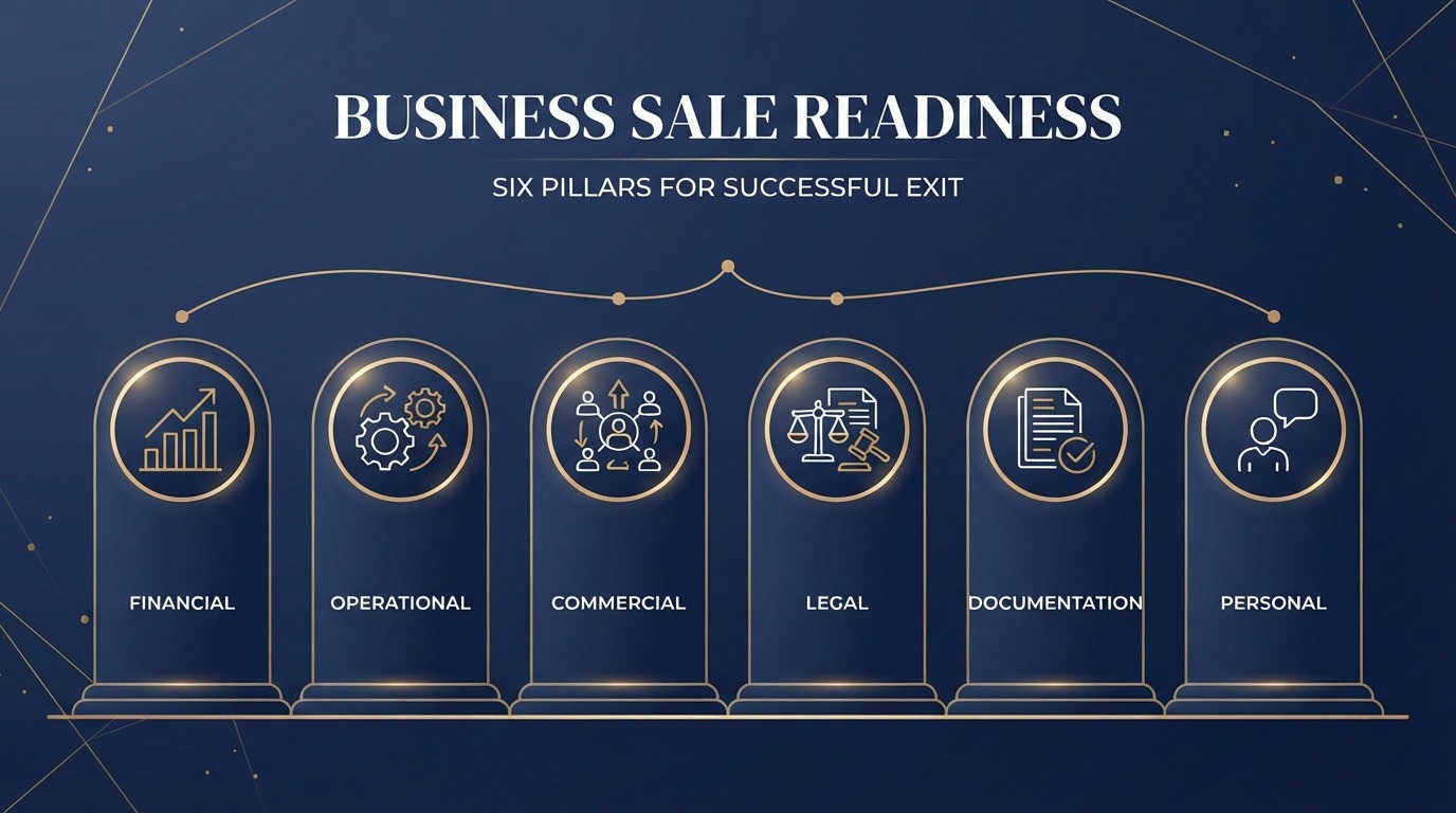 Diagram of the six pillars of business sale readiness: financial, operational, commercial, legal, documentation and personal