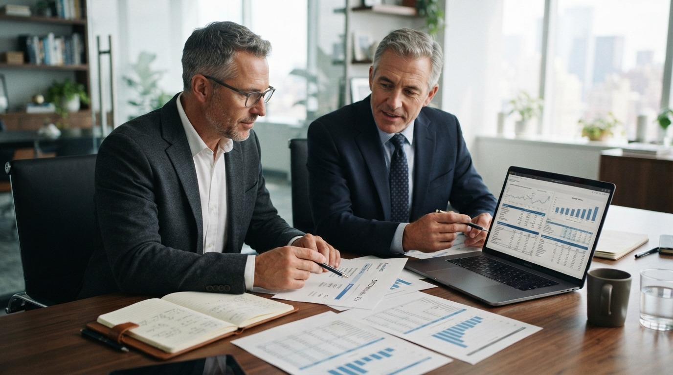 Business owner and advisor reviewing EBITDA multiples and business valuation figures