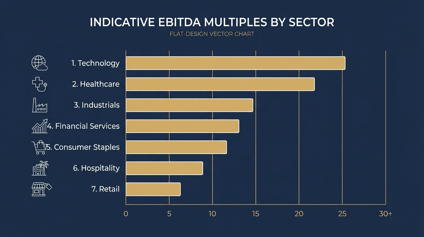 Chart of indicative EBITDA multiples by industry for Australian mid-market businesses