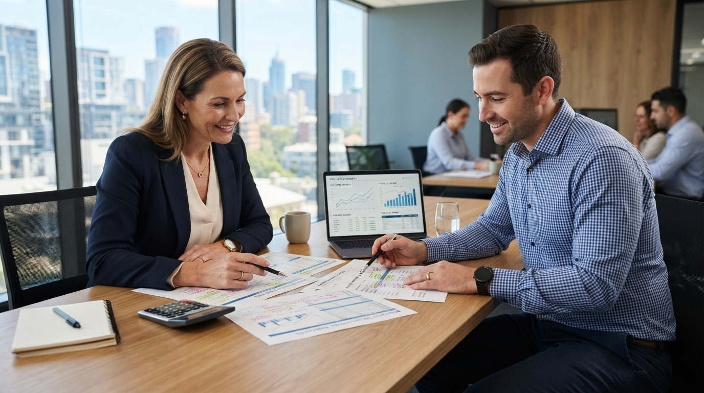 First-time business buyer reviewing an acquisition opportunity with an advisor