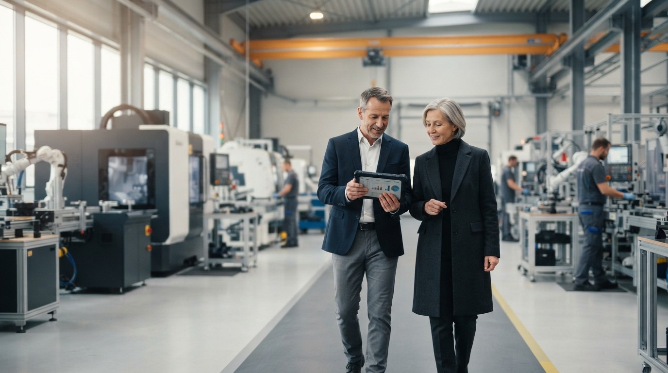 Owner preparing to sell a manufacturing business in Australia, reviewing the factory floor with an advisor