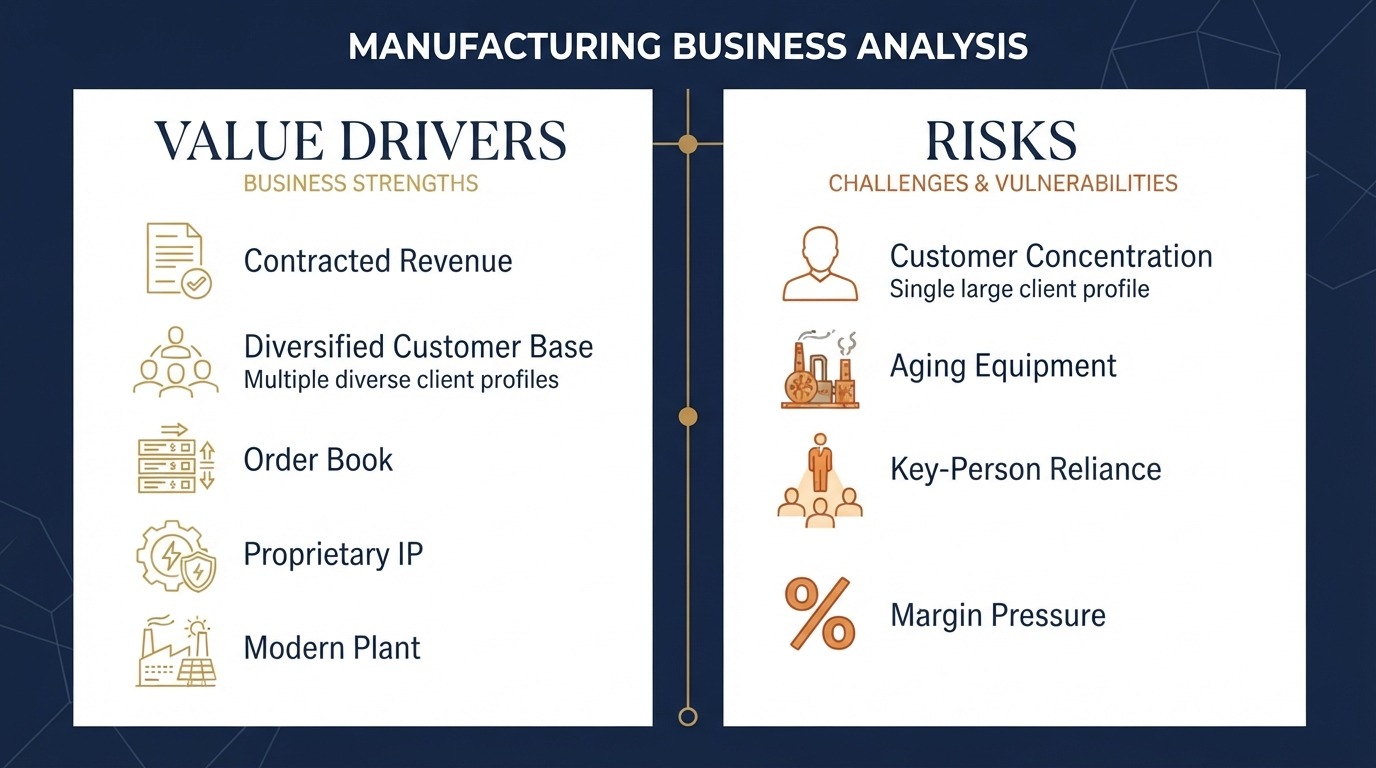 Diagram of the value drivers and risks buyers assess when acquiring a manufacturing business