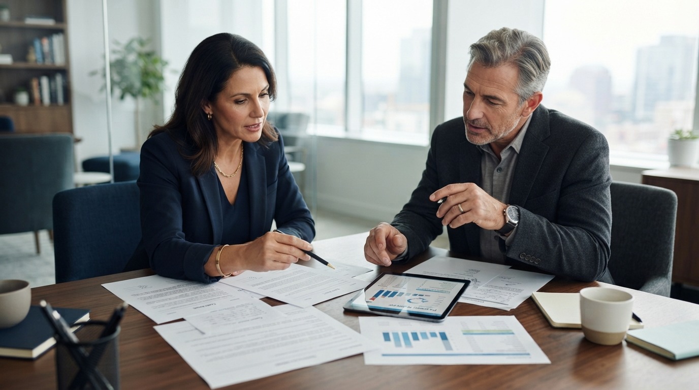 Business owner and advisor comparing earnout, vendor finance and deal structure options
