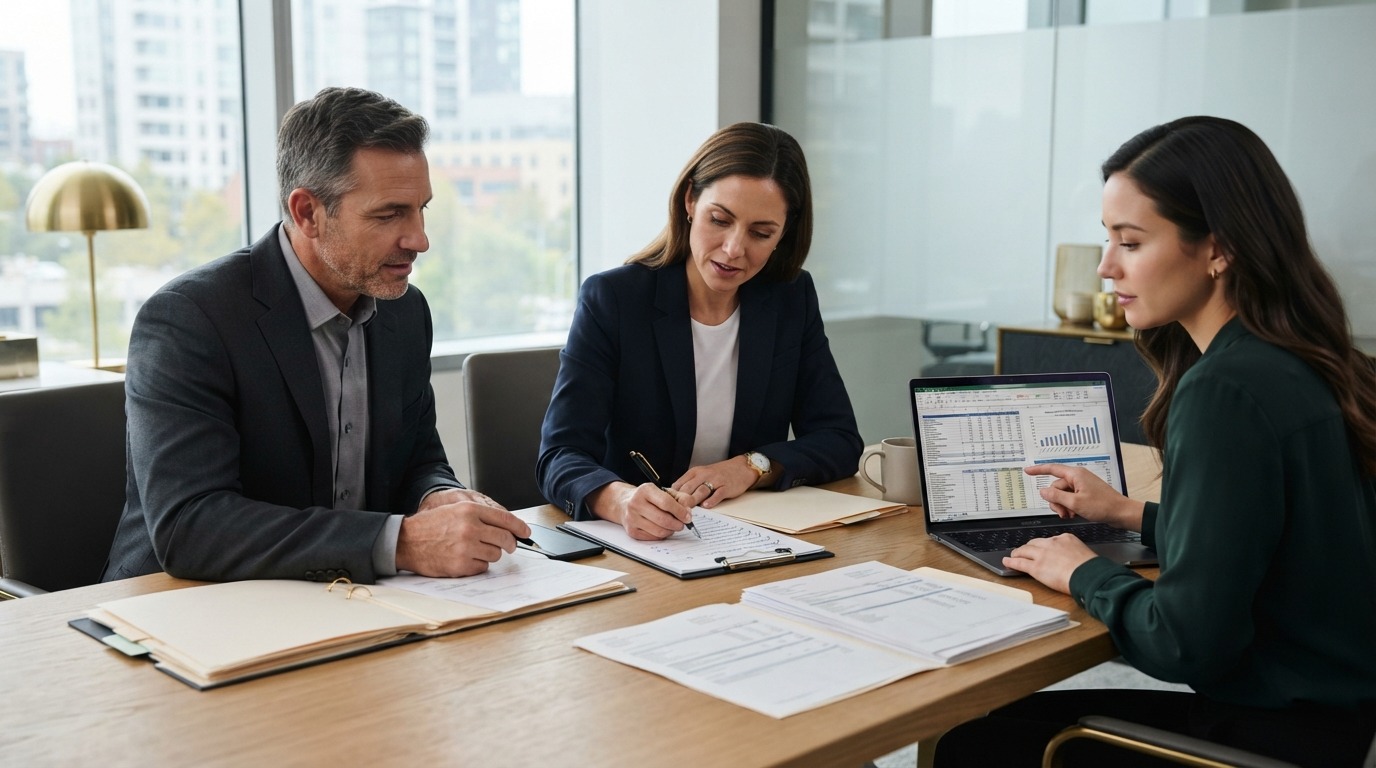 Buyer working through a business due diligence checklist with financial and legal advisors