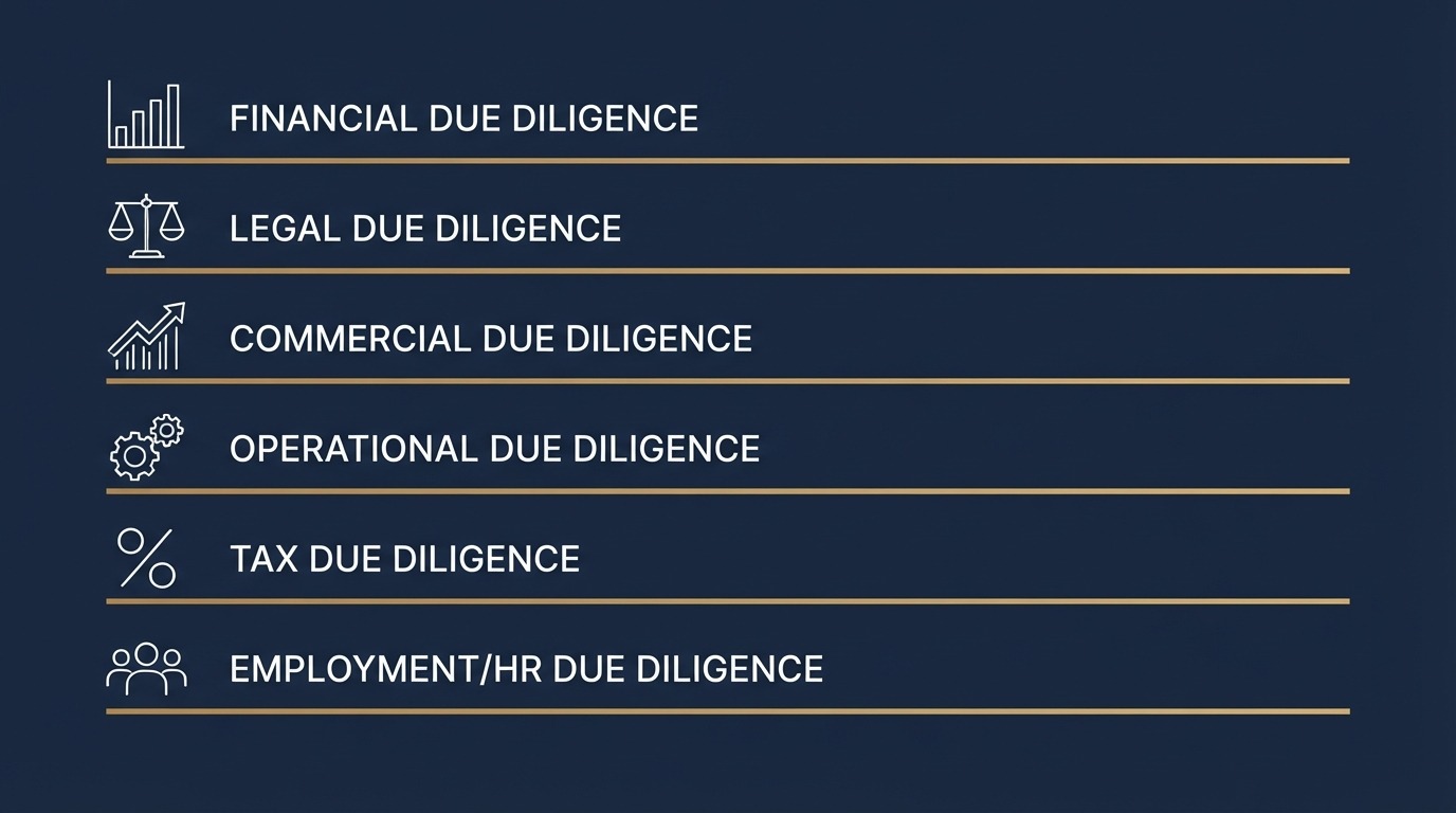 Diagram of the core business due diligence workstreams: financial, legal, commercial, operational, tax and HR
