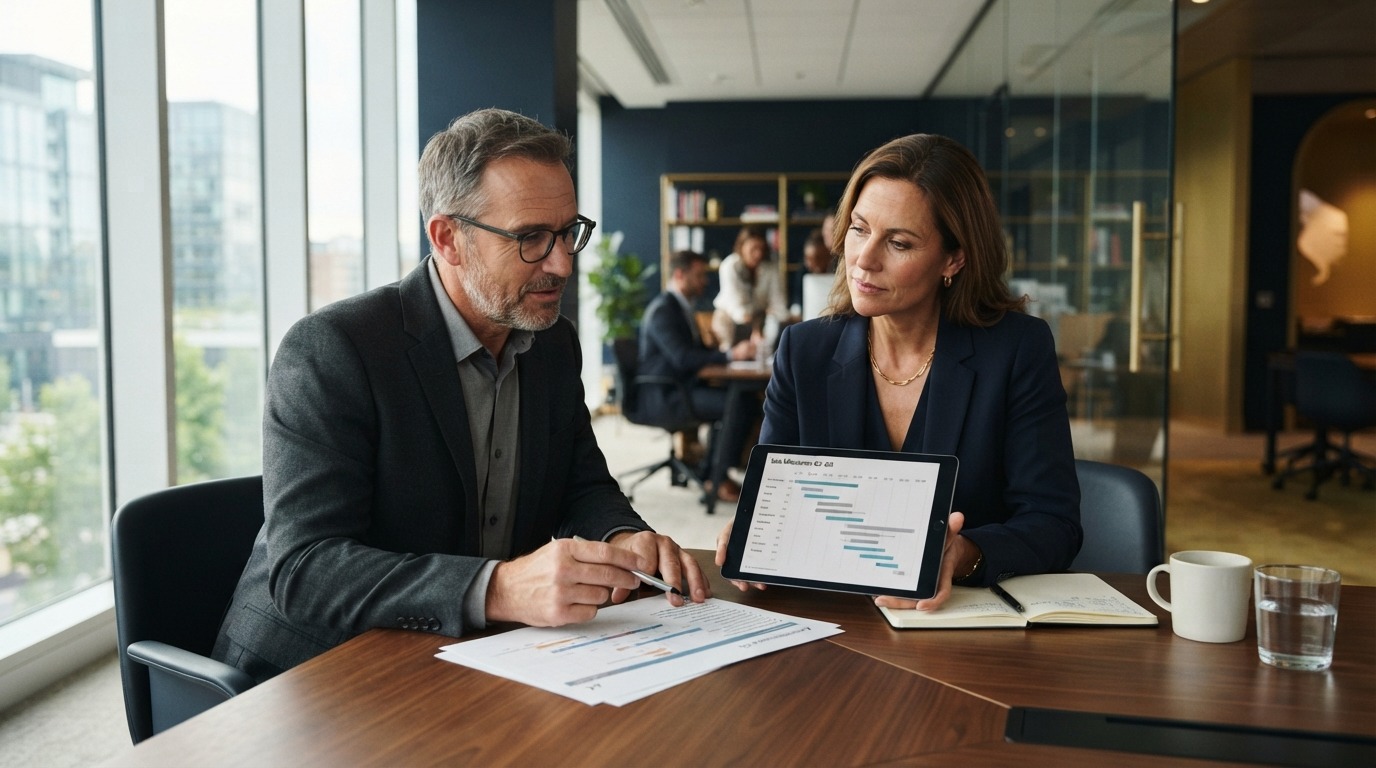Business owner reviewing the timeline to sell a business with an advisor