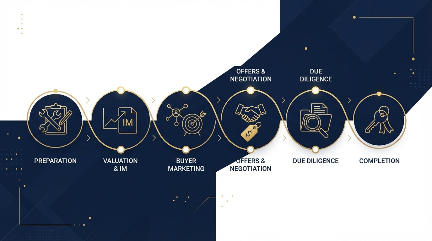 Diagram of the business sale timeline from preparation to completion