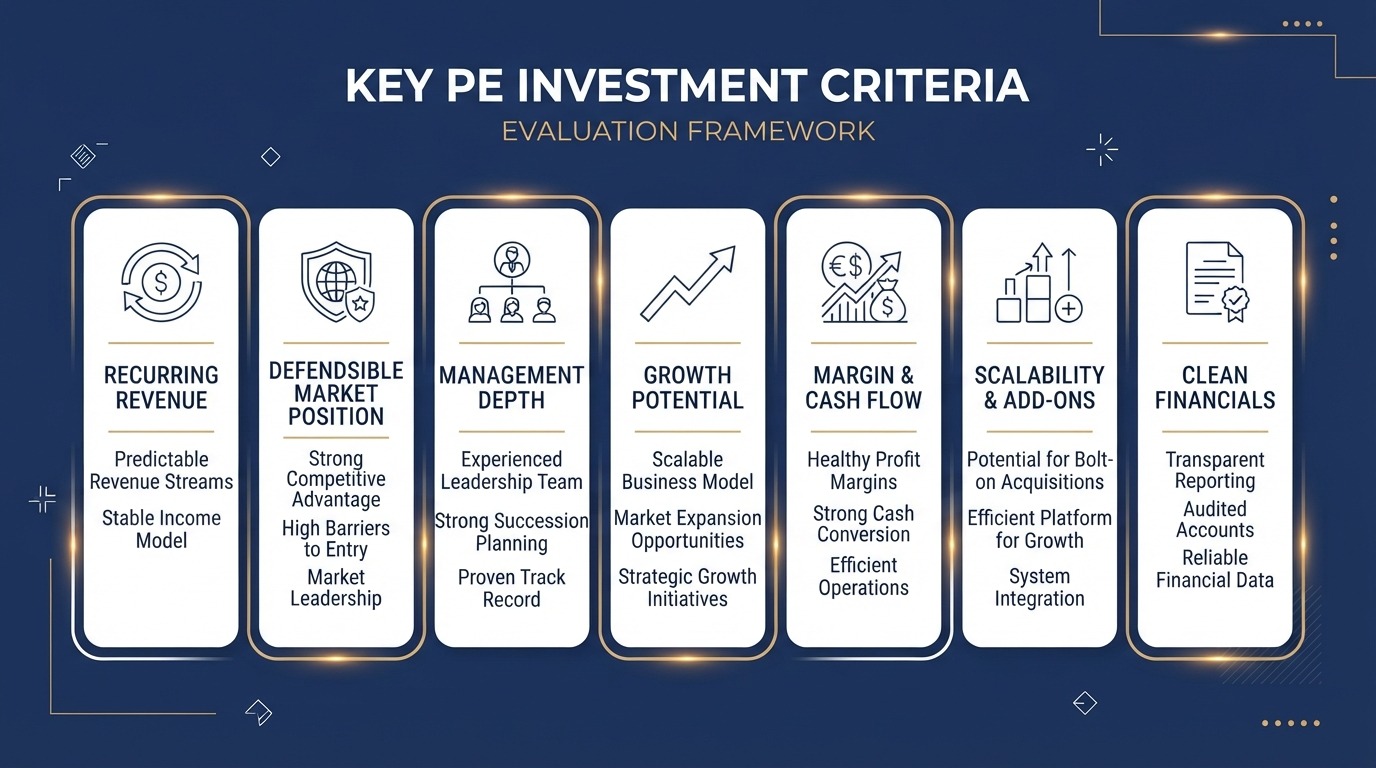 Diagram of the key criteria private equity firms assess when acquiring a business