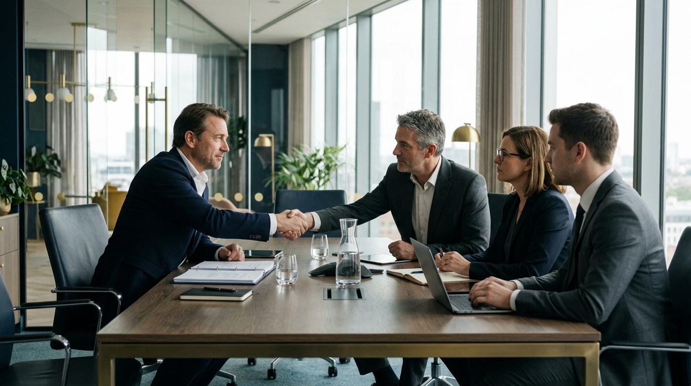Business owner meeting private equity partners to discuss selling the business