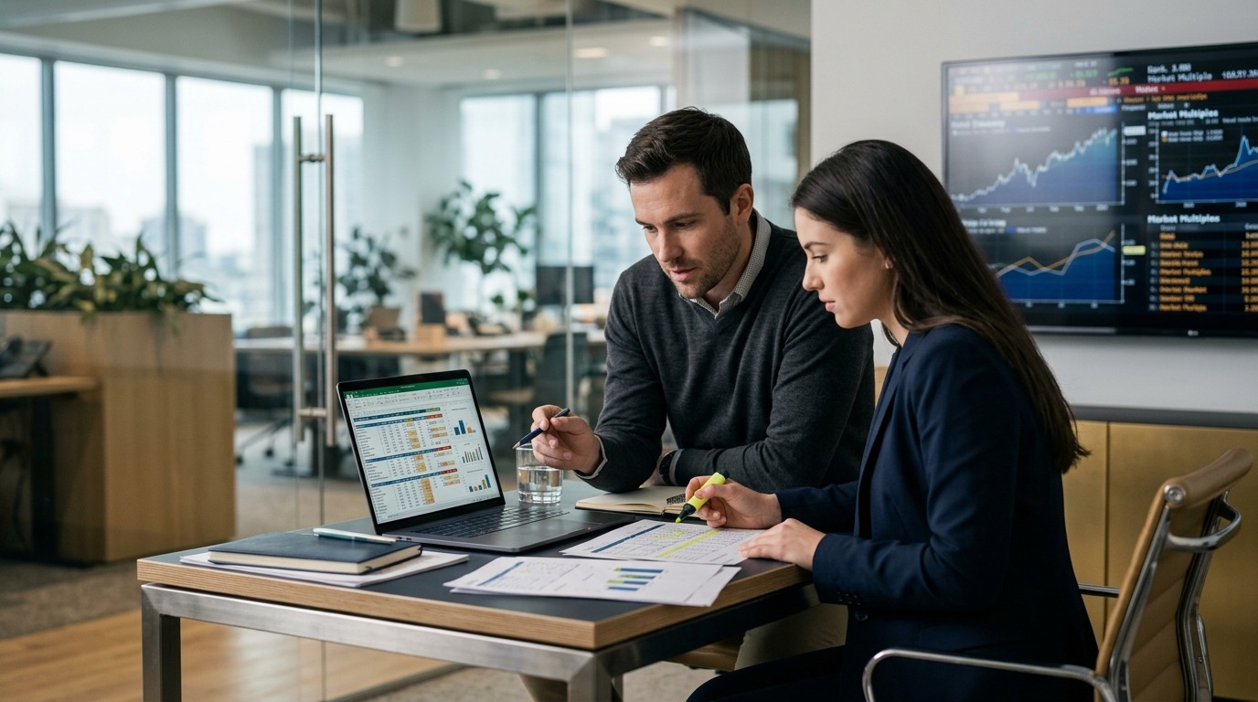 Private equity analysts valuing a business using EBITDA multiples and returns models