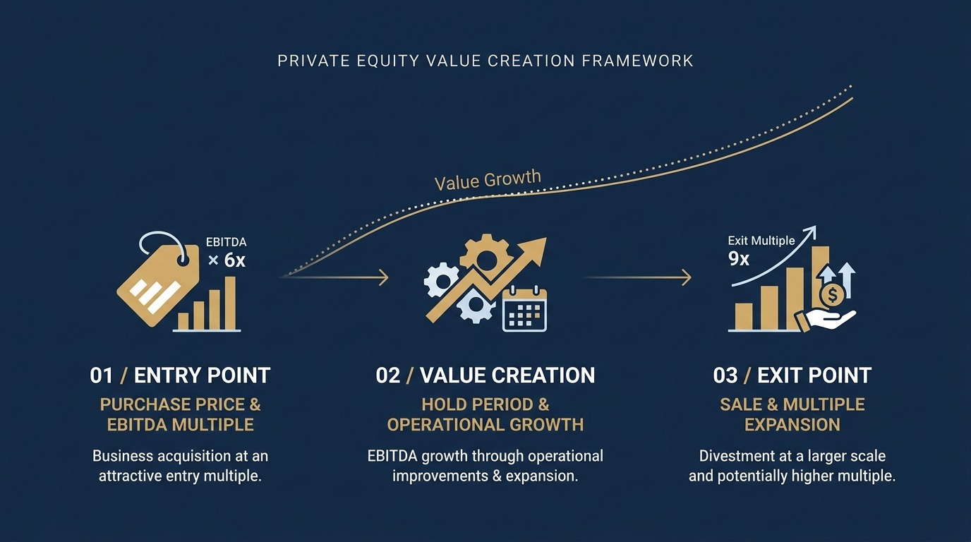 Diagram of the private equity valuation framework: entry multiple, value creation and exit multiple