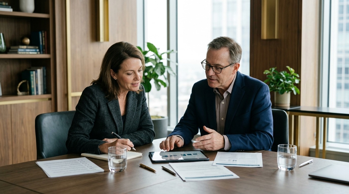 Business owner meeting an independent financial advisor to plan before selling the business