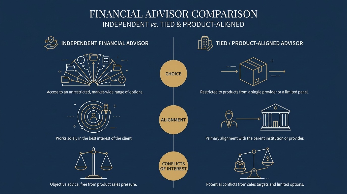 Diagram comparing an independent financial advisor with a tied or product-aligned advisor