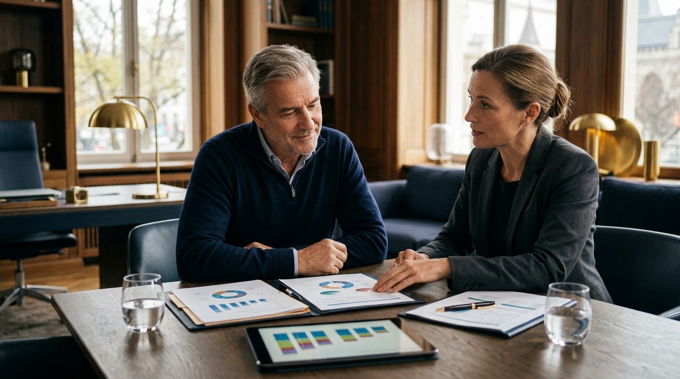 Retired business owner reviewing a financial plan after selling their business